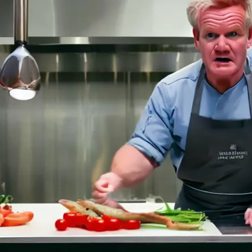 Image similar to hyper real Gordon Ramsey cooking a unicorn in kitchen 4k