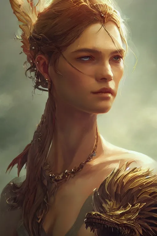 Image similar to a fancy portrait of an attractive women with both dragon and human DNA by Greg Rutkowski, Sung Choi, Mitchell Mohrhauser, Maciej Kuciara, Johnson Ting, Maxim Verehin, Peter Konig, final fantasy , mythical, 8k photorealistic, cinematic lighting, HD, high details, atmospheric,