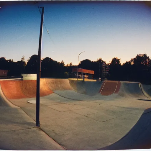 Image similar to a 1 9 9 0's photograph of a skatepark in a small town at dusk, polaroid, candid photography