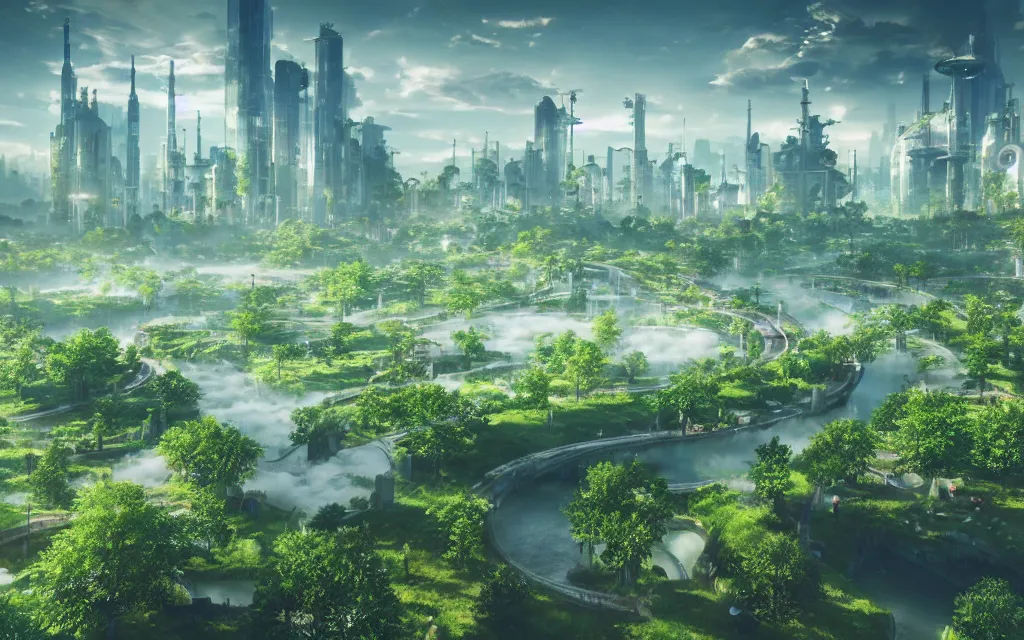 Prompt: a breathtaking view of a solarpunk city, green meadows and rivers, futuristic architecture, hyperrealism, octopath traveler, octane render, misty, highly rendered, global illumination, radiant light