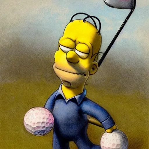 Image similar to (((((Homer Simpson playing golf . muted colors.))))) by Jean-Baptiste Monge !!!!!!!!!!!!!!!!!!!!!!!!!!!