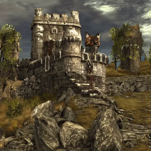 Image similar to Elder Scrolls Skyrim castle tower that is shaped like a fox head, digital art