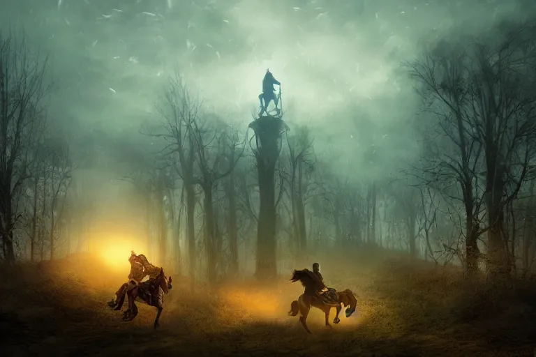 Image similar to the headless horseman riding at night night, spooky, wide angle, graveyard in distance, glossy design, soft texture, 8 k movie scene by marc simonetti