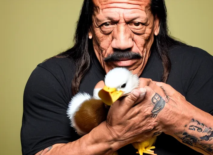 Image similar to photo still of danny trejo at the county fair!!!!!!!! at age 5 6 years old 5 6 years of age!!!!!!!! holding a baby duck he won, 8 k, 8 5 mm f 1. 8, studio lighting, rim light, right side key light