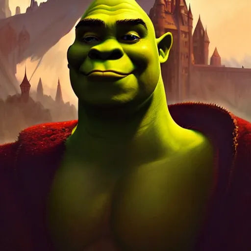 Image similar to Shrek from dreamswork, muscular upper body, D&D, fantasy, intricate, elegant, highly detailed, digital painting, artstation, concept art, smooth, sharp focus, illustration, art by artgerm and greg rutkowski and alphonse mucha