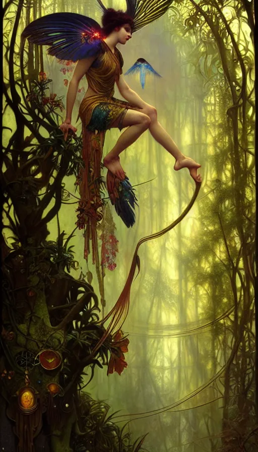 Prompt: consciousness concept art, lush forest, magic, gnarly details, paradise flycatcher, gold, gems, dramatic lighting, denoised, painted by tom bagshaw, alphonse mucha