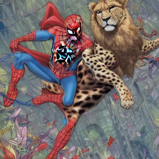 Image similar to Spiderman and superman are riding on cheetah and a lion running through the forest and surrounded by colorful ribbons and party confetti , concept art, huge scale, high detail, sci fi by James Jean