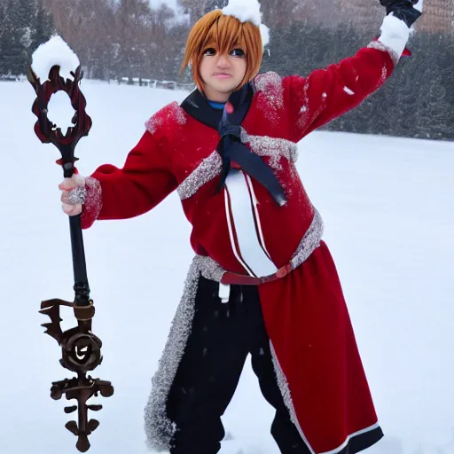 Image similar to of sora cosplay holding keyblade with snow background