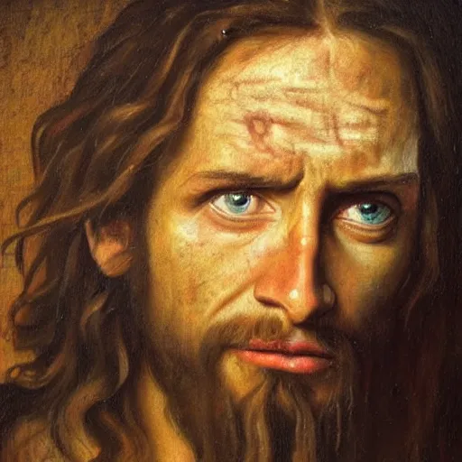 Prompt: oil painting by christian rex van minnen of a portrait of jesus christ, a depiction of jesus christ, scary, bible accurate, eyes scary, stern look, gross, dirty with intense chiaroscuro lighting perfect composition, baby scarred, burns, horrible, disgusting, terrifying, award winning painting