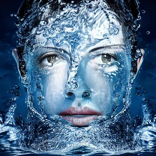 Prompt: water artwork manipulation in the shape of a human head, on the ocean water, amazing water art, ray tracing, realistic water sharp focus, long shot, 8 k resolution, cinematic