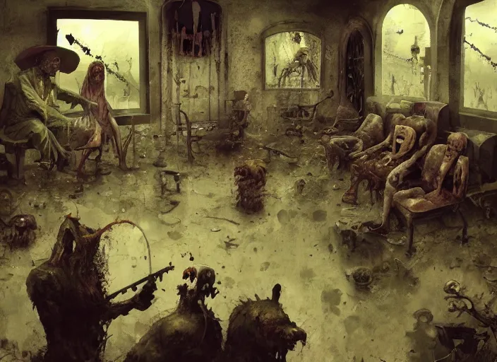 Prompt: zombies waiting in a waiting room, eerie, liminal, isometric, by craig mullins, by mattias adolfsson, by hieronymus bosch, oil on canvas,