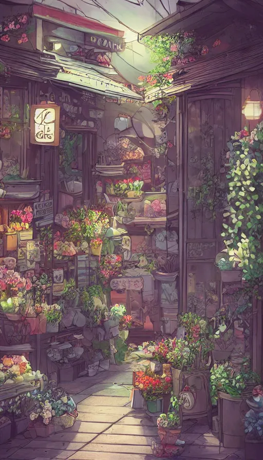 Prompt: a little flower shop's front gate, nostalgic, fresh digital illustrati on, dramatic lighting, pixiv, detailed textures