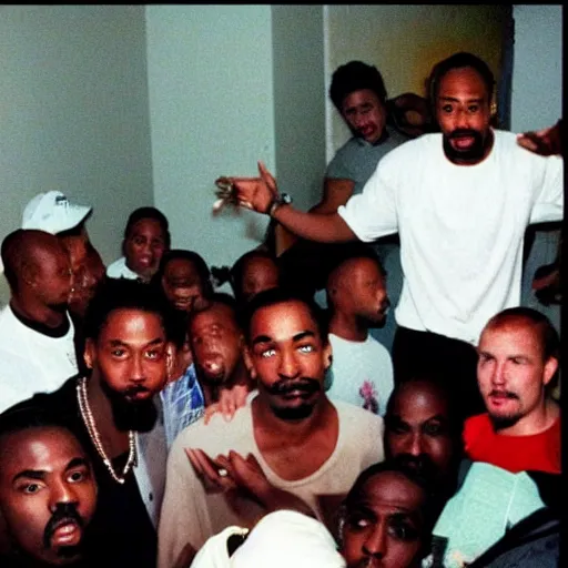 Image similar to 2 pac parting in 1 9 9 2 photo. small house party.