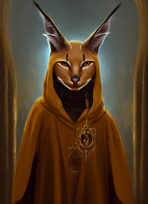 Image similar to surrealistic closeup portrait of anthropomorphic caracal in golden priest clothes wearing vr in orthodox church, bokeh, foggy, dynamic lighting, darkness, ambients, dramatic, foggy, heavy bokeh and blur, cinematic, depth of field, art by bussiere rutkowski andreas rocha