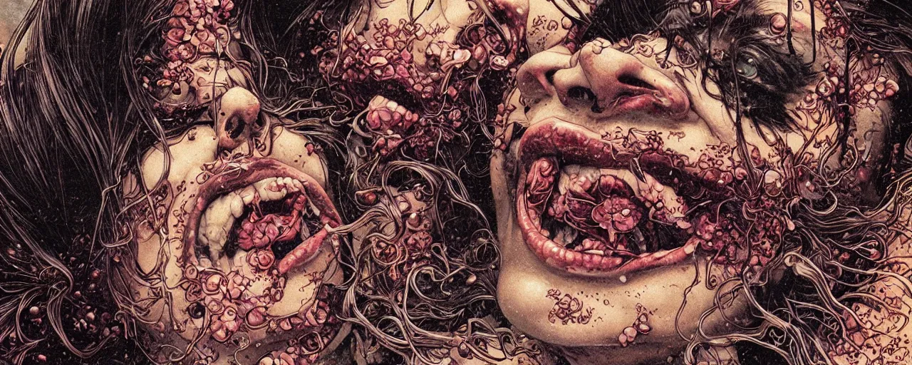 Image similar to closeup of face melting and tongues, by yoichi hatakenaka, masamune shirow, josan gonzales and dan mumford, ayami kojima, takato yamamoto, karol bak