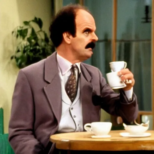 Prompt: a still of basil fawlty drinking a cup of tea