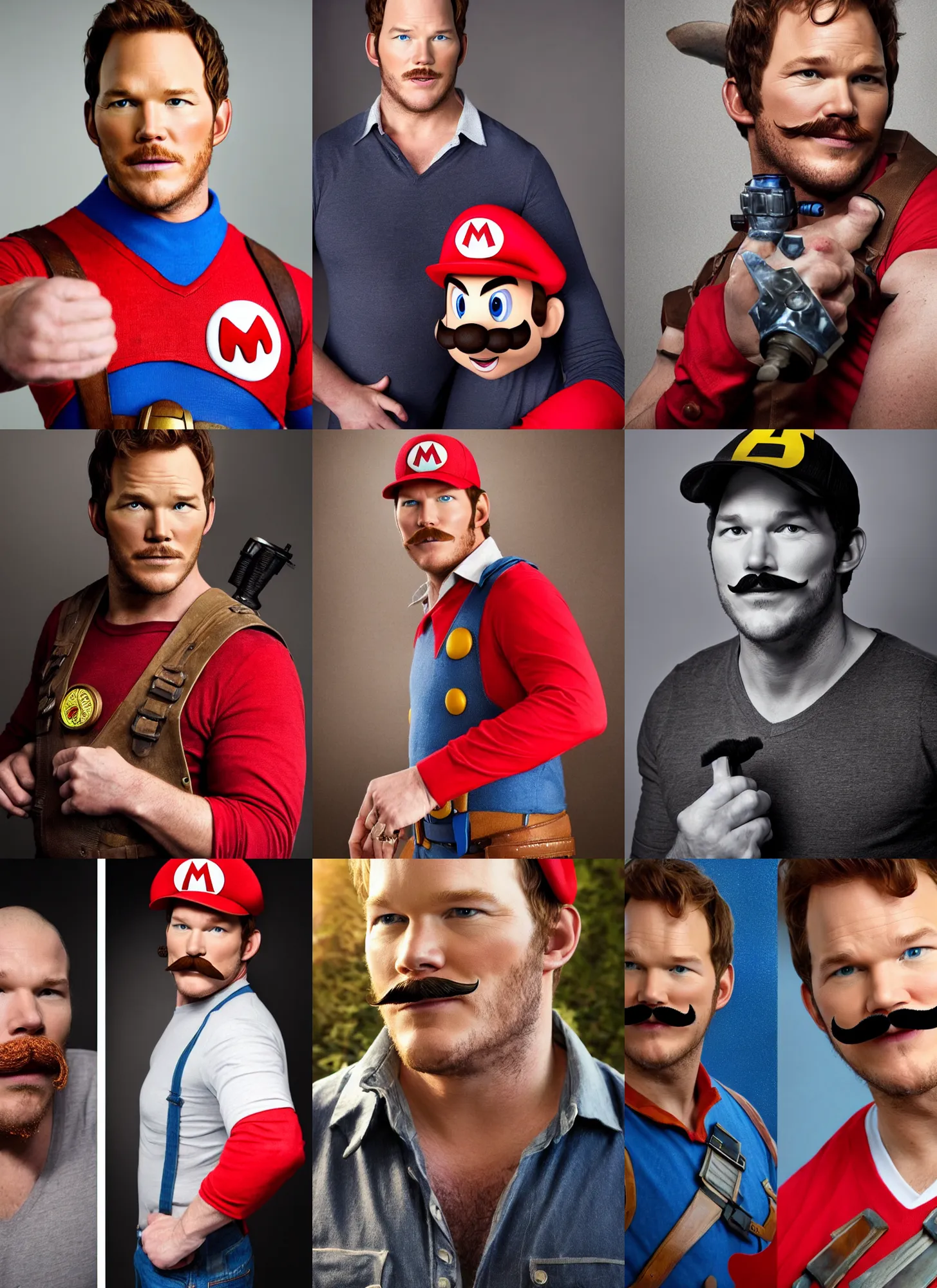 Prompt: chris pratt with a mustache dressed as mario, cosplay, detailed face, promo shoot, studio lighting