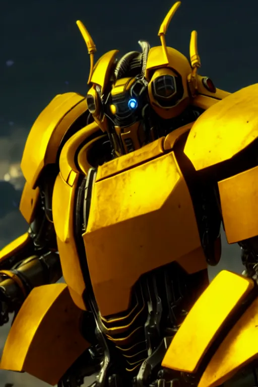 Image similar to a cinematic still from bumblebee movie, yellow mech, humanoid servo, octane render, nvidia raytracing demo, masterpiece, aged armor plating, aggressive head,