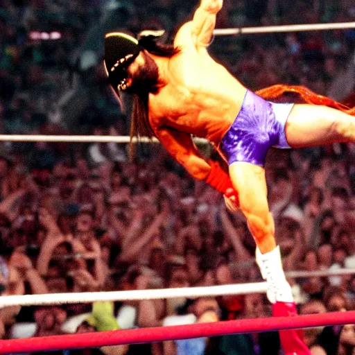 Prompt: Macho Man Randy Savage performing elbow drop from extreme height. Extreme wide angle!! very low perspective! High Quality, 4k