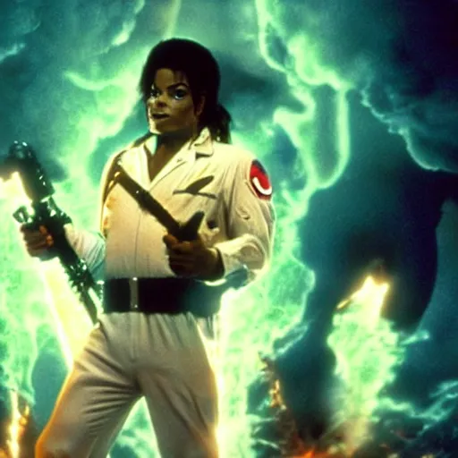 Image similar to stunning awe inspiring michael jackson as a ghostbuster in the movie ghostbusters, movie still 8 k hdr atmospheric lighting