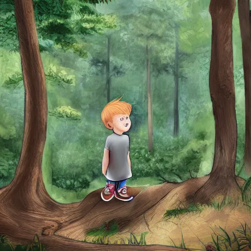 Image similar to a small small boy peeking behind a tree in a forest. The boy is watching two other boys with dreadlocks hair who are hiking, digital art, extra-detailed