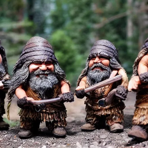 Prompt: a group of dwarves with long beards wearing high - tech gear raising their pickaxes and celebrating