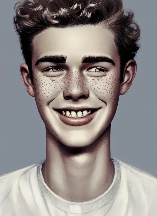 Image similar to portrait of teenage archie andrews, freckles, curly middle part haircut, curly hair, smiling kindly, friendly, 1 9 5 0 s, intricate, elegant, glowing lights, highly detailed, digital painting, artstation, concept art, smooth, sharp focus, illustration, art by wlop, mars ravelo and greg rutkowski