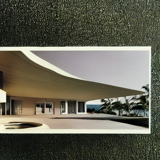 Image similar to architecture ad for a shell mid-century modern house by the beach designed by Zaha Hadid. Film grain, cinematic, colorized, yellow hue.