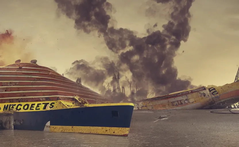 Prompt: a derelict immense McDonald's brand vacation cruise liner oceanliner ship with yellow golden arches logo and tall smoke stacks crashed and broken on a deserted island, moored, fast food restaurant color scheme, golden arches, golden hour, thick black smoke billowing, overcast, dystopian, bad vibes, photorealistic, sharp focus, hyper detailed, octane render