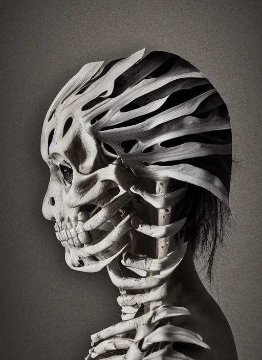 Image similar to a womans face in profile made of monstera leaves skeleton in the style of the dutch masters and gregory crewdson dark and moody