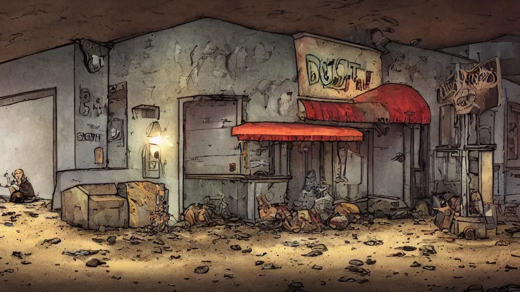 Image similar to storybook illustration signed dugout abandoned fastfood restaurant, postapocalypse, cinematic