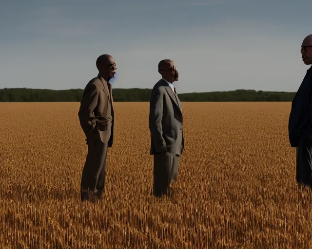 Image similar to extreme long shot of walter white and gustavo fring standing facing each other from a distance in a wheat field, low angle, side view, 8 5 mm photograph, 8 k resolution, wide shot, sharp lens, high detail, cinematic