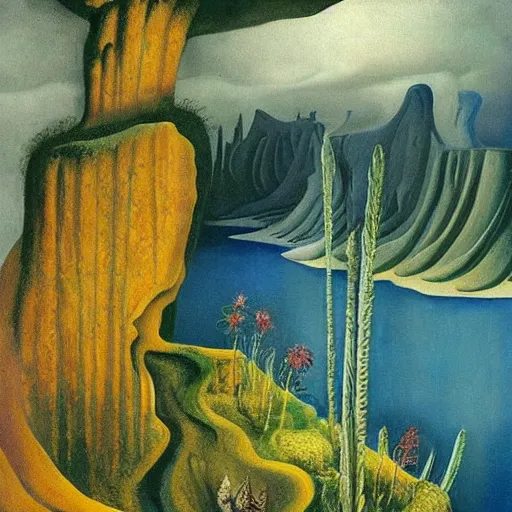 Image similar to painting of a lush natural scene on an alien planet by remedios varo. beautiful landscape. weird vegetation. cliffs and water.