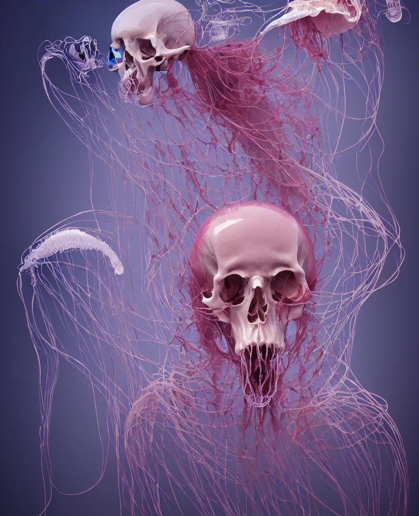 Image similar to composition of human skulls, animals skulls, bones, rib-cage. jellyfish orchids and betta fish, bioluminiscent, intricate artwork by Tooth Wu and wlop and beeple. octane render, trending on artstation, greg rutkowski very coherent symmetrical artwork. cinematic, hyper realism, high detail, octane render, 8k