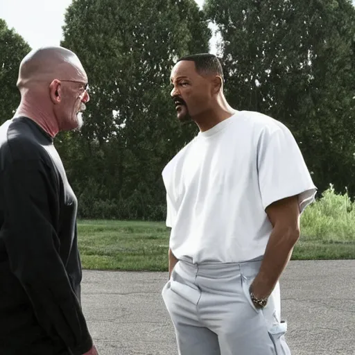 Prompt: walter white and Will smith discussing