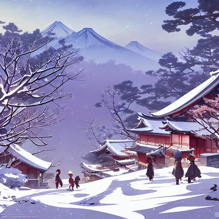 Image similar to japanese countryside, winter, in the style of studio ghibli, j. c. leyendecker, greg rutkowski, artem