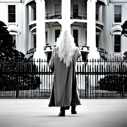 Image similar to gandalf attacks the white house, videogame still, portrait, 4 0 mm lens, shallow depth of field, close up, split lighting, cinematic