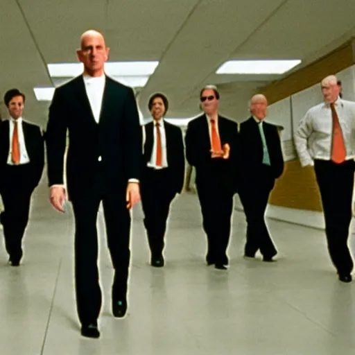 Prompt: jeff bezos as mr orange in reservoir dogs, opening credits, group walking together, 3 5 mm film, high quality film, big screen, cinematic