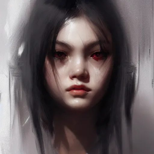 Prompt: a cute and beautiful girl by ruan jia, 8 k, closeup headshot, smooth, trending on artstation, black long hair, black eyes, movie poster style