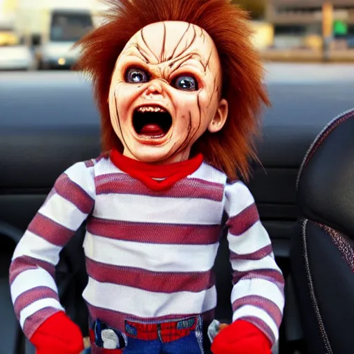 Prompt: chucky doll stuck in gridlock traffic and screaming