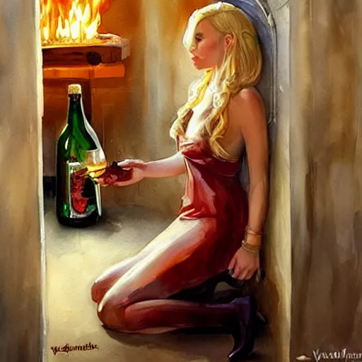 Image similar to blonde hot woman in wine cellar, boba fett!, drinking beer, eating meat, cozy, inviting, atmospheric, torches on the wall, watercolor! by vladimir volegov