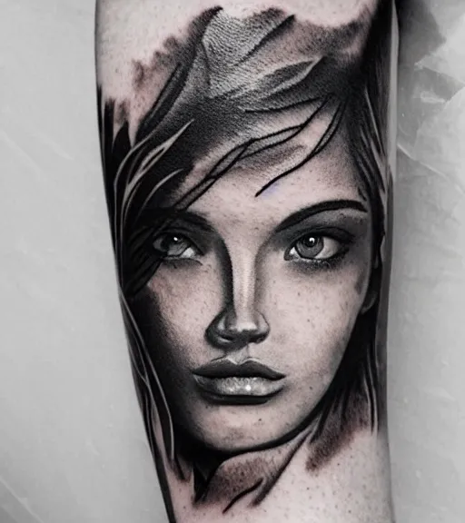 Image similar to tattoo design sketch of an extremely beautiful woman face and a faded background of beautiful mountains on her side, hyper - realistic, double exposure effect, in the style of matteo pasqualin, amazing detail, black and white, faded