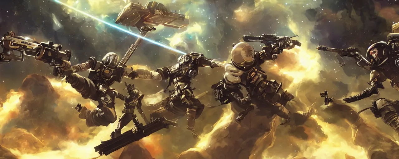 Image similar to fantasy epic monkey gunfight in space, laser guns, anime, concept art, 4 k