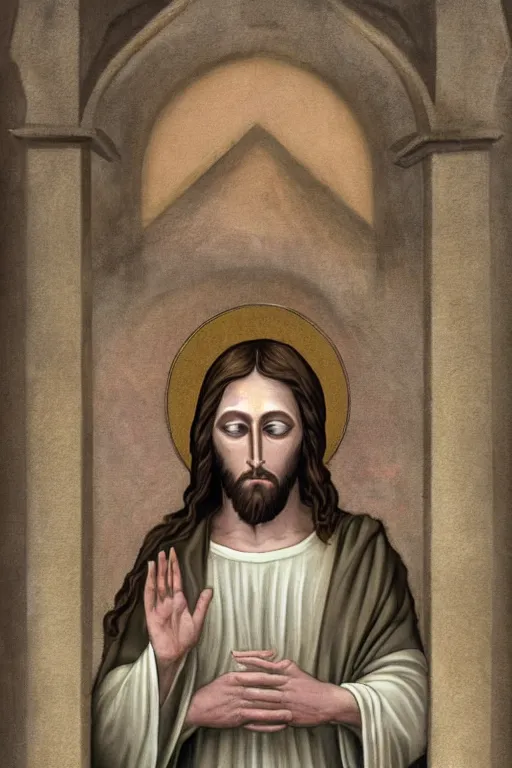 Image similar to jesus christ wearing a blinfold, peeking over blinfold with one eye, staring