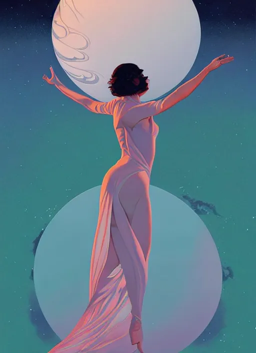 Image similar to poster artwork by michael whelan and tomer hanuka, portrait of beautiful sensual dancer in the clouds of jupiter, clean, art deco