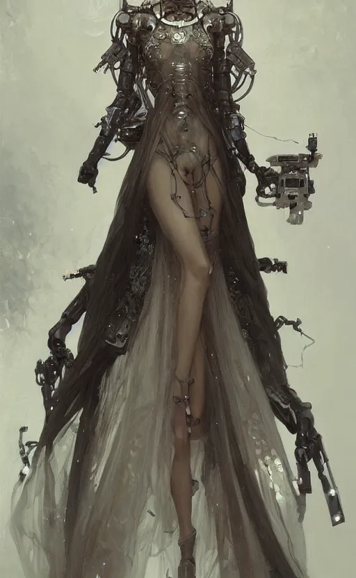 Image similar to a beautiful painting of a crowned robotic cyberpunk princess in a gothic dark flowing gown, intricate, elegant, highly detailed, digital painting, artstation, concept art, by krenz cushart and artem demura and william adolph bouguereau and alphonse mucha