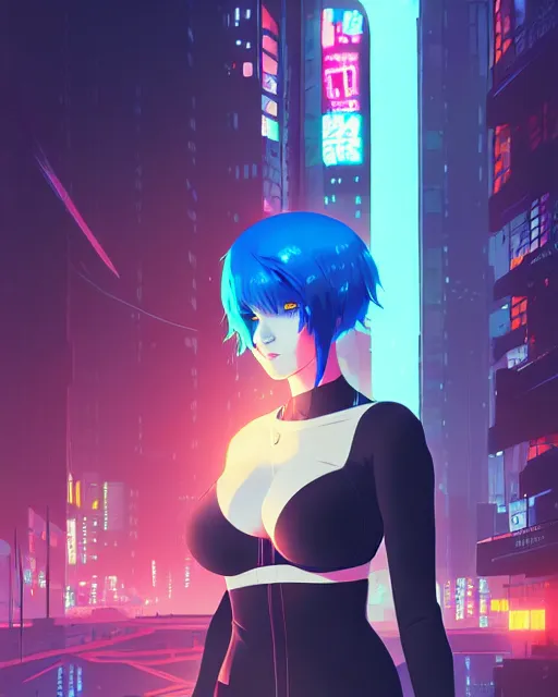 Image similar to digital illustration of cyberpunk pretty girl with blue hair, wearing a black dominatrix outfit, in city street at night, by makoto shinkai, ilya kuvshinov, lois van baarle, rossdraws, basquiat