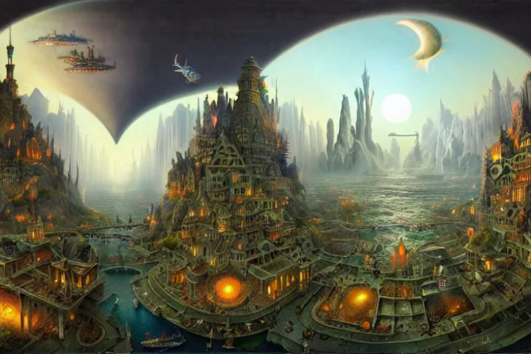 Image similar to a beautiful stunning insanely detailed matte painting of a magical mythical city at the edge of world buzzing with activity by Heironymous Bosch and Jim Burns