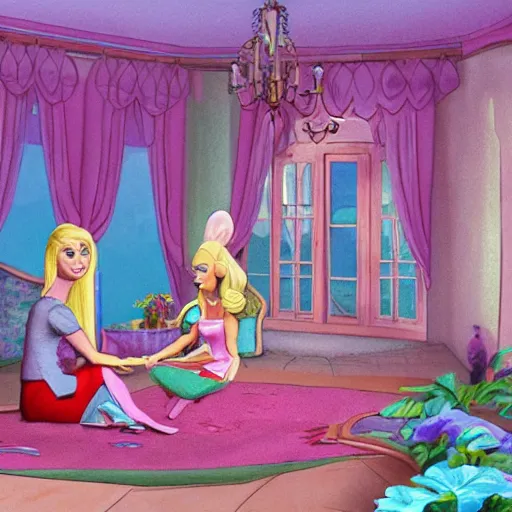 Prompt: Barbie looks bored in her dream house, Don Bluth Animation, traditional mediums, 2d animation