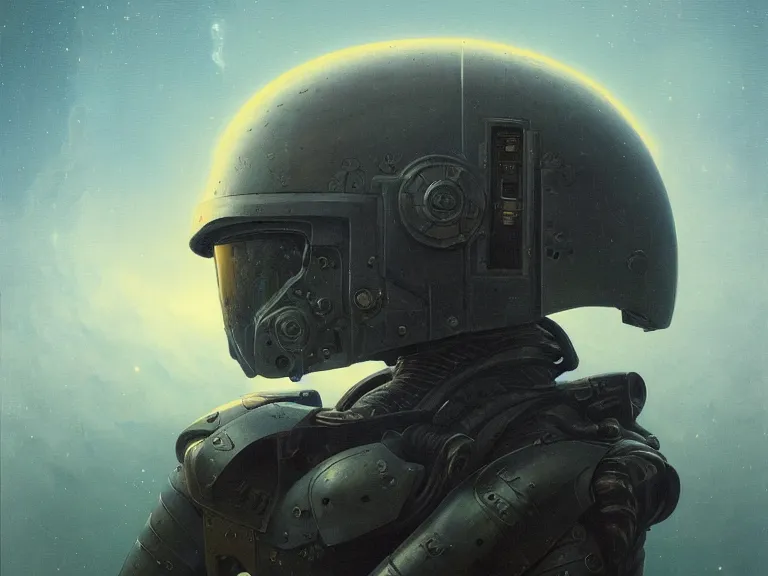 Image similar to a detailed profile oil painting of a bounty hunter in armour and visor, cinematic sci-fi poster. technology flight suit, bounty hunter portrait symmetrical and science fiction theme with lightning, aurora lighting clouds and stars by beksinski carl spitzweg and tuomas korpi. baroque elements. baroque element. intricate artwork by caravaggio. Trending on artstation. 8k